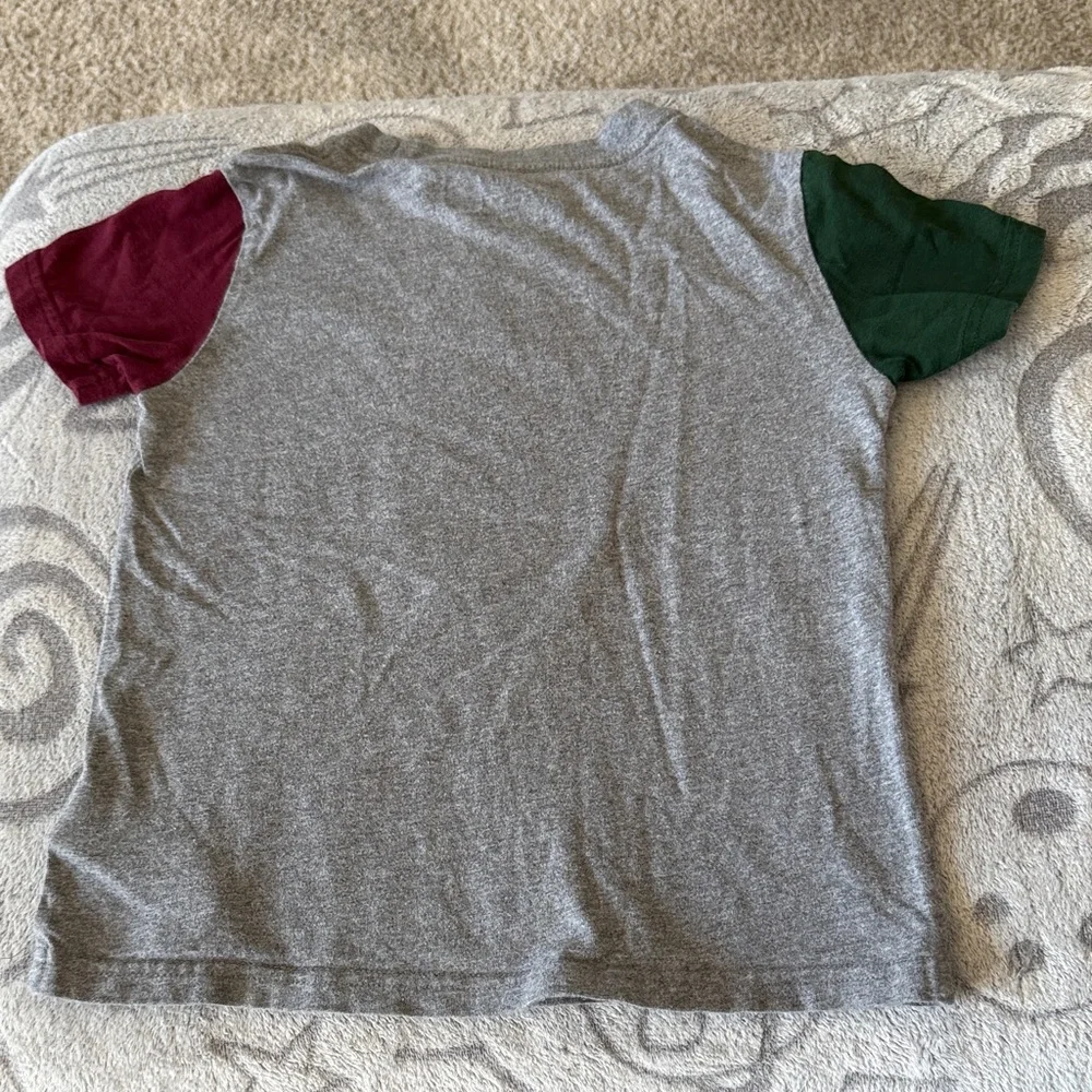 Ralph Lauren Gray Tee with Green & Burgundy Sleeves and Polo Bear Graphic